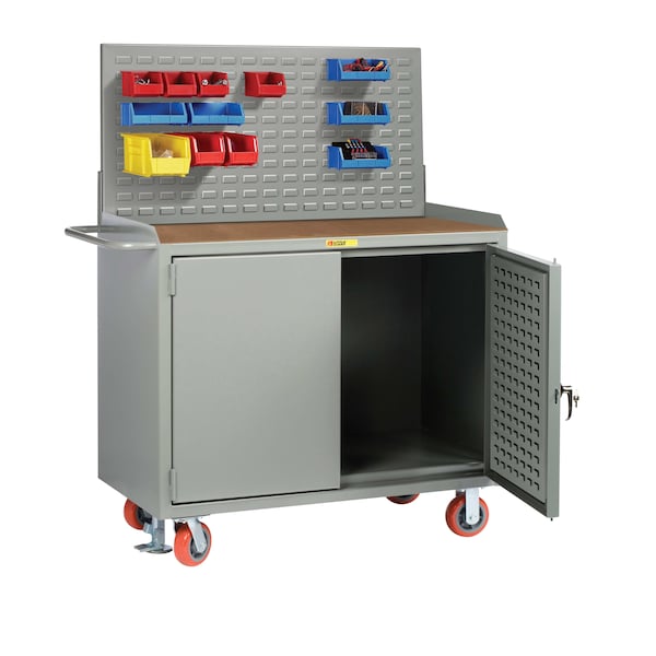 Mobile Bench Cabinets, 36"W, Louvered Panel Doors, Hardboard, Louvered